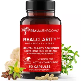 Real Mushrooms RealClarity / Ясність - Левова грива, Ашваганда, Родіола та Бакопа 60 капсул від магазину біодобавок nutrido.shop