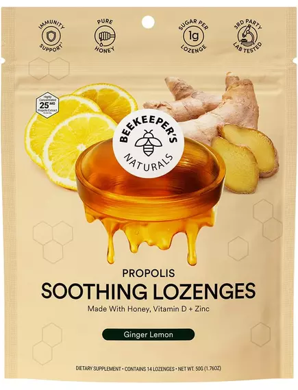Beekeeper's Naturals Ginger Lemon / Льодяники для горла з прополісом, лимоном та імбирем 14 шт. в магазине биодобавок nutrido.shop