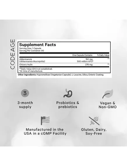 CodeAge Akkermansia 500 Ultra / Акермансія підтримка здоров'я кишківника 500 млн КУО 90 капсул, фото 2 від магазину біодобавок nutrido.shop