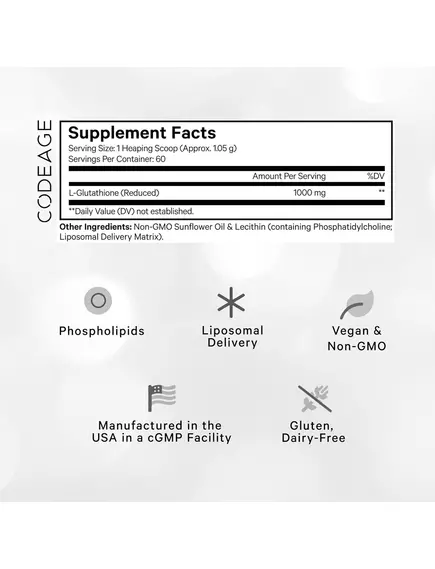 CodeAge Liposomal Glutathione / Ліпосомальний глутатіон порошок 1000 мг 63 г, фото 2 від магазину біодобавок nutrido.shop