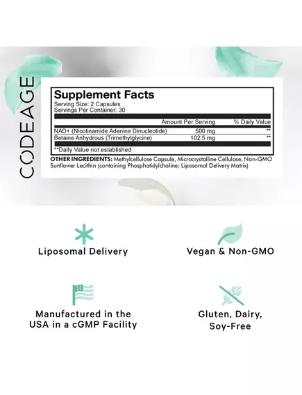 CODEAGE LIPOSOMAL NAD+ / ЛІПОСОМАЛЬНИЙ НАД+ ПІДТРИМКА ВИРОБЛЕННЯ КЛІТИННОЇ ЕНЕРГІЇ 60 КАПСУЛ, фото 2 від магазину біодобавок nutrido.shop
