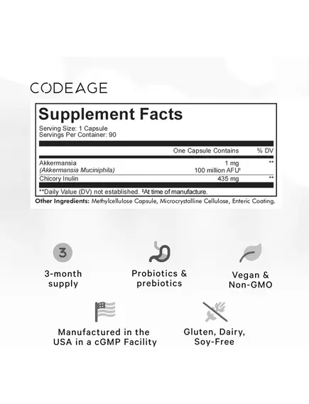 CodeAge Akkermansia / Аккермансія підтримка здоров'я кишківника 100 млн КУО 90 капсул, фото 2 від магазину біодобавок nutrido.shop