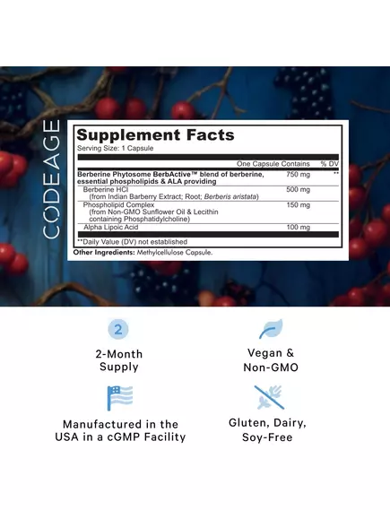 CodeAge Berberine Phytosome+ / Берберин HCL та альфа-ліпоєва кислота 60 капсул, фото 2 від магазину біодобавок nutrido.shop
