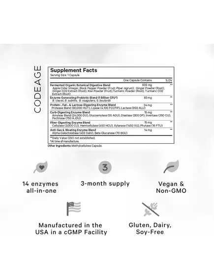 CodeAge Fermented Digestive Enzymes / Ферментированные пищеварительные энзимы 90 капсул, фото 3 в магазине биодобавок nutrido.shop