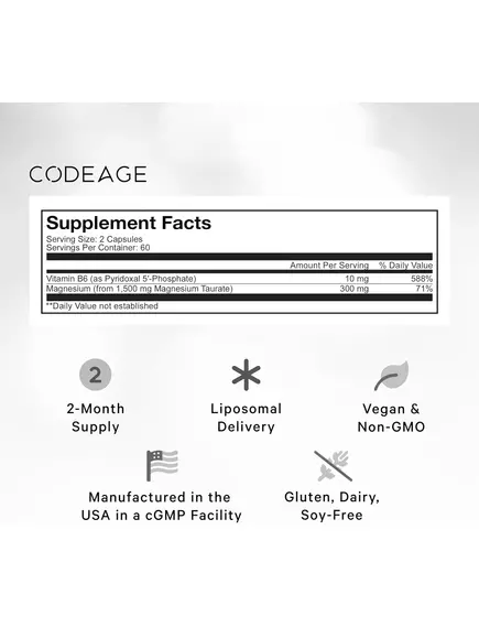 CodeAge Liposomal Magnesium Taurate / Ліпосомальний магній таурат + Вітамін Б6 120 капсул, фото 2 від магазину біодобавок nutrido.shop