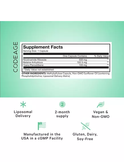 CodeAge Liposomal Nicotinamide Riboside+ / Ліпосомальний нікотинамід рибозид 60 капсул, фото 2 від магазину біодобавок nutrido.shop