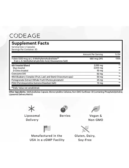 CodeAge PQQ Ovarian Harmony / Ліпосомальний комплекс з інозитолом для жіночого здоров'я 120 капсул 120 капсул, фото 2 від магазину біодобавок nutrido.shop