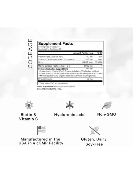 CodeAge Wild Caught Biotin Marine Collagen Peptides / Морской коллаген с биотином 120 капсул, фото 3 в магазине биодобавок nutrido.shop