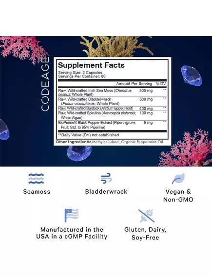 CODEAGE WILDCRAFTED SEA MOSS / СИРІ МОРСЬКІ ВОДОРОСТІ ДЛЯ ПІДТРИМКИ ЩИТОПОДІБНОЇ ЗАЛОЗИ 120 КАПСУЛ, фото 2 від магазину біодобавок nutrido.shop
