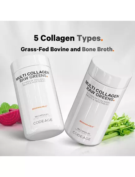 CodeAge Multi Collagen Raw Greens / Пять типов коллагена + 21 органический фрукт и овощ 180 капсул, фото 3 в магазине биодобавок nutrido.shop