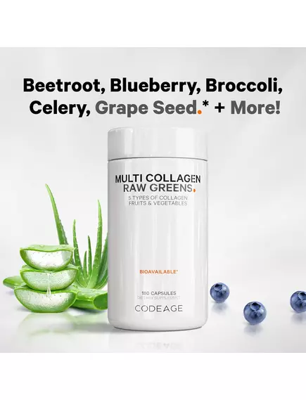 CodeAge Multi Collagen Raw Greens / Пять типов коллагена + 21 органический фрукт и овощ 180 капсул, фото 6 в магазине биодобавок nutrido.shop