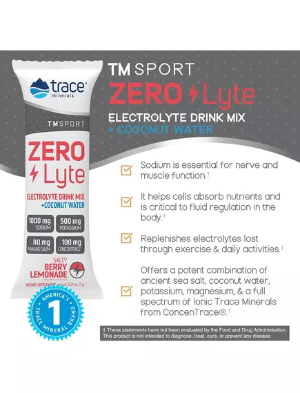 ZeroLyte Salty Berry Lemonade / Електроліти зі смаком солоний ягідний лимонад 30 саше, Trace Minerals, фото 3 в магазине биодобавок nutrido.shop
