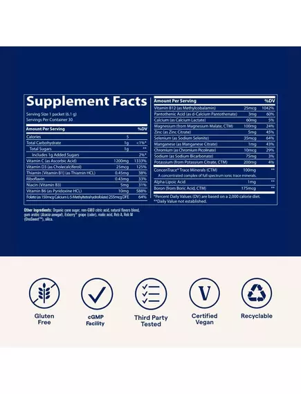 Trace Minerals Power Pak Mixed Berry / Вітамін C + електроліти + мультивітаміни Ягідний мікс 30 саше, фото 2 в магазине биодобавок nutrido.shop