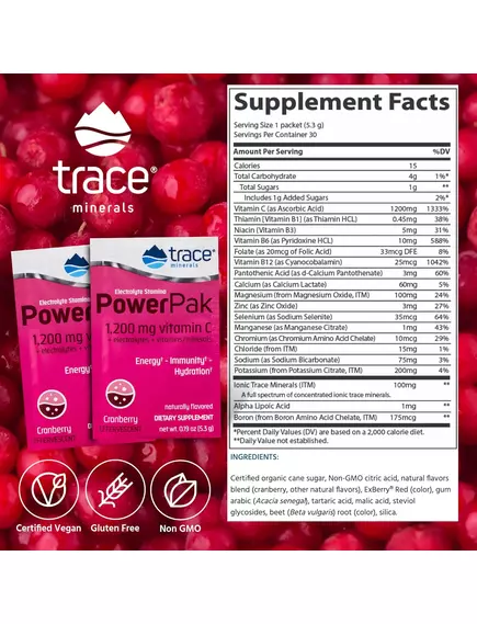 Trace Minerals Power Pak Cranberry / Вітамін C + електроліти + мультивітаміни смак журавлини 30 саше, фото 3 від магазину біодобавок nutrido.shop