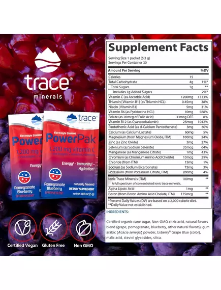 Trace Minerals Power Pak Pomegranate Blueberry / Вітамін C + електроліти + мультивітаміни Гранат/Чорниця 30 саше, фото 2 в магазине биодобавок nutrido.shop