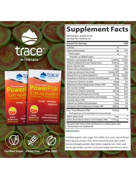 Trace Minerals Power Pak Guava Passion Fruit / Вітамін C + електроліти + мультивітаміни Гуава Маракуя 30 саше, фото 2 від магазину біодобавок nutrido.shop