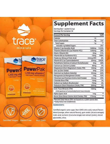 Trace Minerals Power Pak Orange / Вітамін C + електроліти + мультивітаміни Апельсин 30 саше, фото 2 в магазине биодобавок nutrido.shop