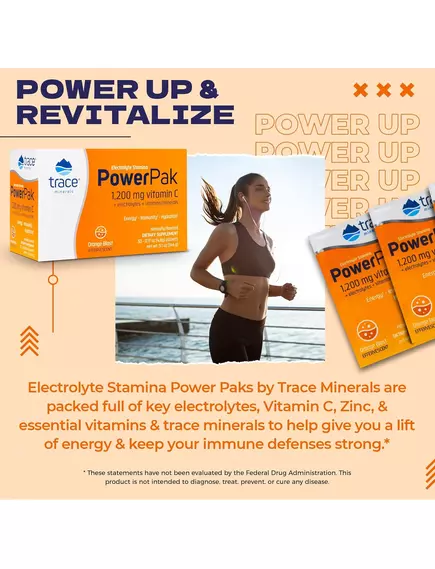 Trace Minerals Power Pak Orange / Вітамін C + електроліти + мультивітаміни Апельсин 30 саше, фото 4 в магазине биодобавок nutrido.shop