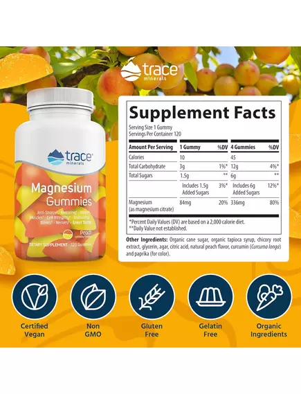 Магній цитрат зі смаком персика 120 мармеладок / Magnesium Gummies, Trace Minerals, фото 2 в магазине биодобавок nutrido.shop