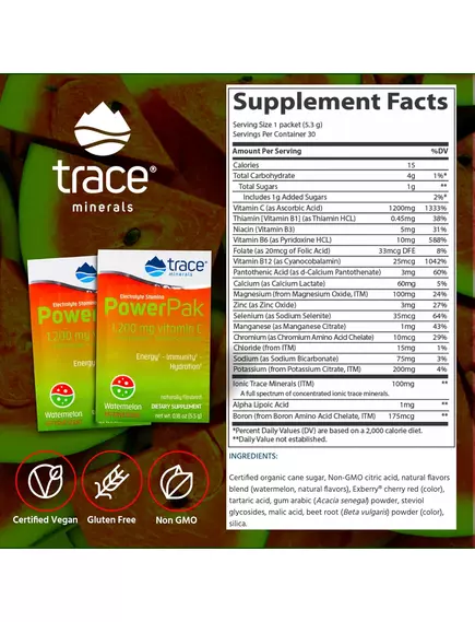Trace Minerals Power Pak Watermelon / Вітамін C + електроліти + мультивітаміни Кавун 30 саше, фото 2 в магазине биодобавок nutrido.shop