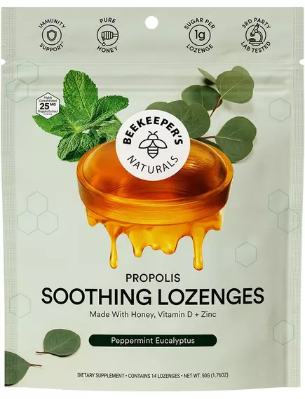Beekeeper's Naturals Peppermint Eucalyptus / Льодяники для горла з прополісом, м'ятою та евкаліптом 14 шт. в магазине биодобавок nutrido.shop