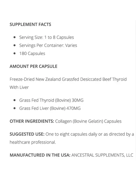 Ancestral Supplements Beef Thyroid / Щитовидная железа 180 капсул, фото 2 в магазине биодобавок nutrido.shop
