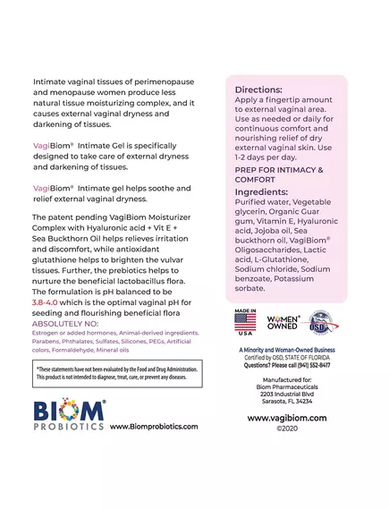 Biom Probiotics Natural External Vaginal Moisturizer Gel / Зовнішній вагінальний зволожувальний гель 60 мл, фото 4 в магазине биодобавок nutrido.shop