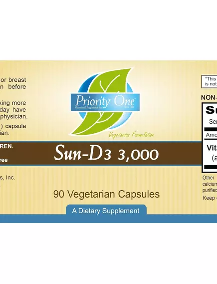 Priority One Sun D3 / Вітамін Д3 у формі холекальциферолу 3000 МО 90 капсул, фото 5 в магазине биодобавок nutrido.shop