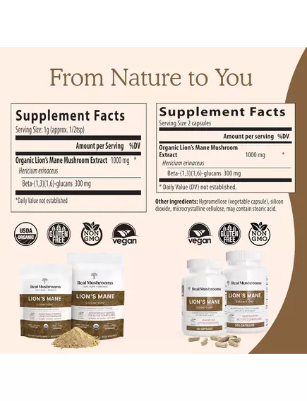 Real Mushrooms Lion's Mane / Ежовик гребенчатый органик 120 капс, фото 4 в магазине биодобавок nutrido.shop