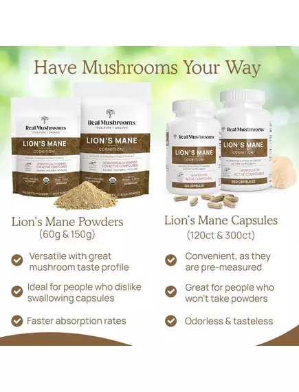 Real Mushrooms Lion's Mane / Ежовик гребенчатый органик 120 капс, фото 7 в магазине биодобавок nutrido.shop