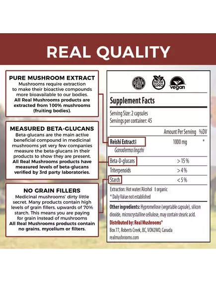 REAL MUSHROOMS REISHI / РЕЙША ОРГАНІК 90 КАПС, фото 2 від магазину біодобавок nutrido.shop