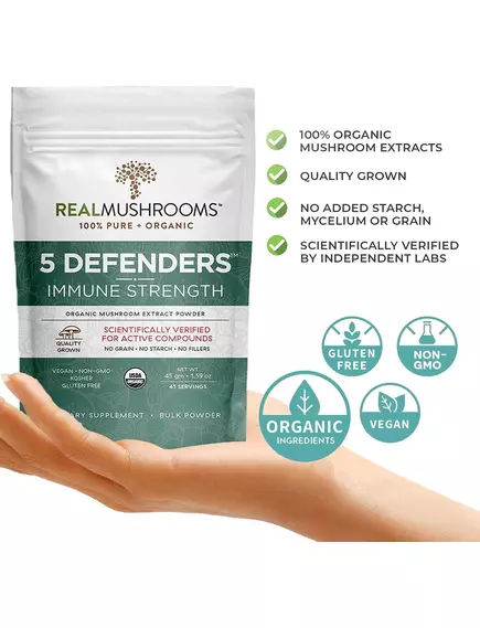 REAL MUSHROOMS 5 DEFENDERS / ОРГАНІЧНИЙ ГРИБНИЙ КОМПЛЕКС 5 ЗАХИСНИКІВ 45 ГРАМІВ, фото 8 від магазину біодобавок nutrido.shop
