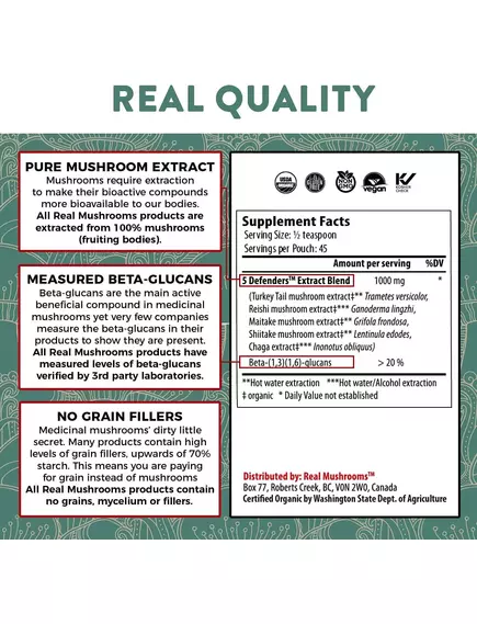 REAL MUSHROOMS 5 DEFENDERS / ОРГАНІЧНИЙ ГРИБНИЙ КОМПЛЕКС 5 ЗАХИСНИКІВ 45 ГРАМІВ, фото 9 від магазину біодобавок nutrido.shop