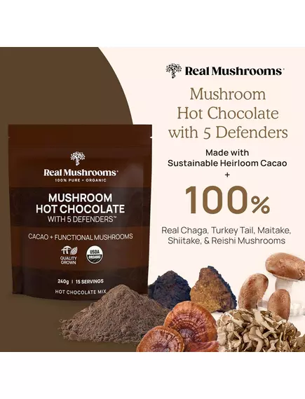 REAL MUSHROOMS HOT CHOCOLATE MIX / ГАРЯЧИЙ ШОКОЛАДНИЙ МІКС З ГРИБАМИ 240 Г, фото 4 від магазину біодобавок nutrido.shop
