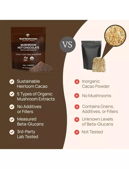 REAL MUSHROOMS HOT CHOCOLATE MIX / ГАРЯЧИЙ ШОКОЛАДНИЙ МІКС З ГРИБАМИ 240 Г, фото 6 від магазину біодобавок nutrido.shop