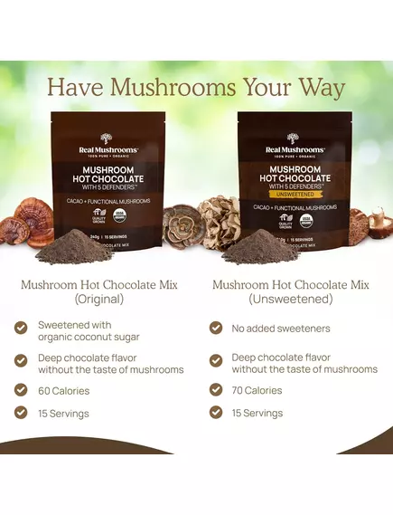 REAL MUSHROOMS HOT CHOCOLATE MIX / ГАРЯЧИЙ ШОКОЛАДНИЙ МІКС З ГРИБАМИ 240 Г, фото 7 від магазину біодобавок nutrido.shop