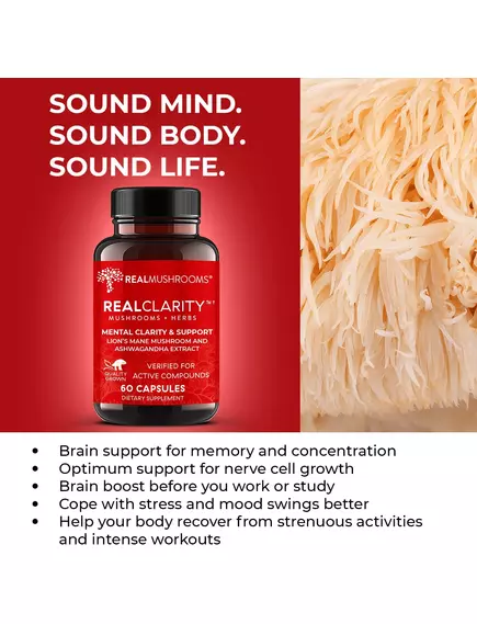 Real Mushrooms RealClarity / Смесь для ясности - Ежовик гребенчатый, Ашваганда, Родиола и Бакопа 60к, фото 2 в магазине биодобавок nutrido.shop