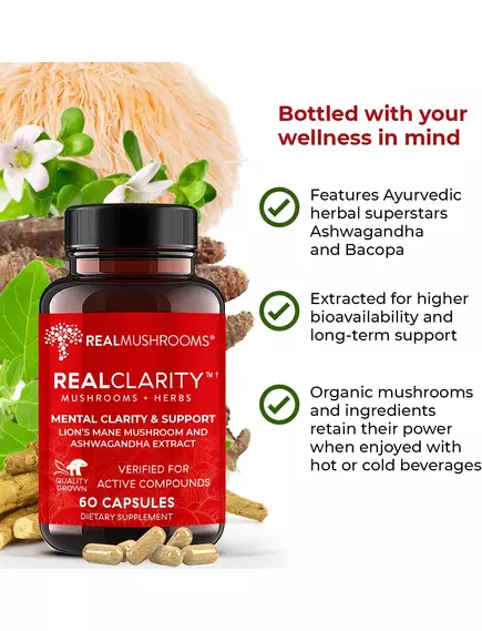 Real Mushrooms RealClarity / Смесь для ясности - Ежовик гребенчатый, Ашваганда, Родиола и Бакопа 60к, фото 3 в магазине биодобавок nutrido.shop