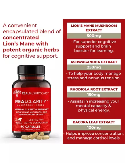 Real Mushrooms RealClarity / Смесь для ясности - Ежовик гребенчатый, Ашваганда, Родиола и Бакопа 60к, фото 4 в магазине биодобавок nutrido.shop