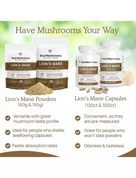 Real Mushrooms Lion's Mane / Їжовик гребінчастий органік порошок для когнітивного здоров'я 150 г, фото 7 від магазину біодобавок nutrido.shop
