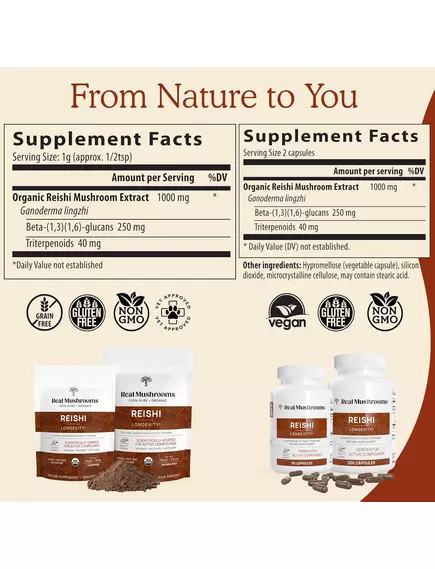 REAL MUSHROOMS REISHI / РЕЙША ОРГАНІК 200 КАПСУЛ, фото 3 від магазину біодобавок nutrido.shop