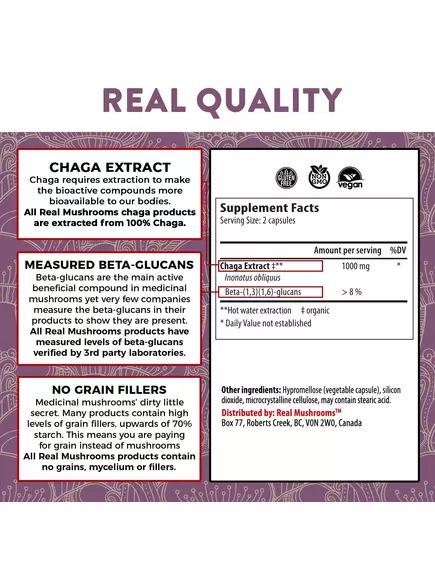 REAL MUSHROOMS CHAGA / ГРИБИ З ЕКСТРАКТОМ ЧАГИ ДЛЯ ПІДТРИМКИ ІМУНІТЕТУ І ТРАВЛЕННЯ 300 КАПС., фото 4 від магазину біодобавок nutrido.shop