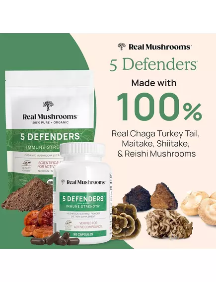 Real Mushrooms 5 Defenders / Органічний грибний комплекс 5 захисників 90 капсул, фото 4 в магазине биодобавок nutrido.shop