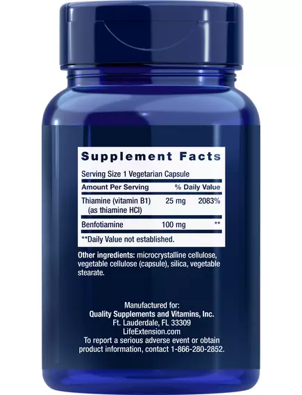 Life Extension Benfotiamine with Thiamine / Бенфотиамин с тиамином Витамин Б1 100 мг 120 капсул, фото 2 в магазине биодобавок nutrido.shop