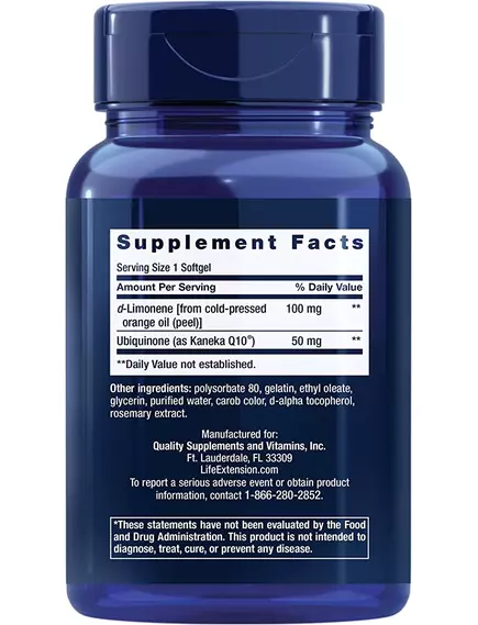 LIFE EXTENSION SUPER-ABSORBABLE COQ10 (UBIQUINONE) WITH D-LIMONENE / УБІХІНОН КУ10 З D-ЛИМОНЕНОМ 50 МГ 60 КАПСУЛ, фото 2 від магазину біодобавок nutrido.shop