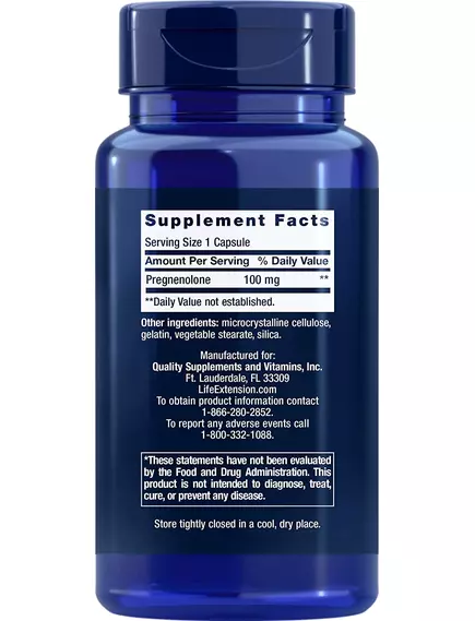 Life Extension Pregnenolone / Прегненолон 100 мг 100 капсул, фото 2 в магазине биодобавок nutrido.shop