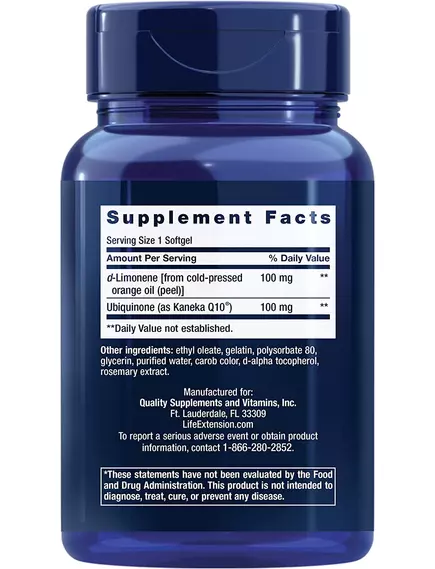 LIFE EXTENSION SUPER-ABSORBABLE COQ10 (UBIQUINONE) WITH D-LIMONENE / УБІХІНОН КУ10 З D-ЛИМОНЕНОМ 100 МГ 60 КАПСУЛ, фото 2 від магазину біодобавок nutrido.shop