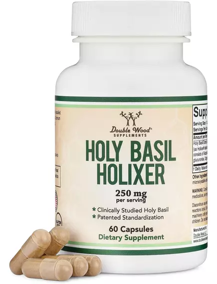 Double Wood Holixer Holy Basil Extract / Екстракт святого базиліка для зниження кортизолу 60 капсул, фото 5 в магазине биодобавок nutrido.shop