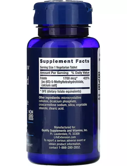 Life Extension Optimized Folate / Метилфолат 5-MTHF Витамин Б9 1,7 мг 100 таблеток, фото 2 в магазине биодобавок nutrido.shop