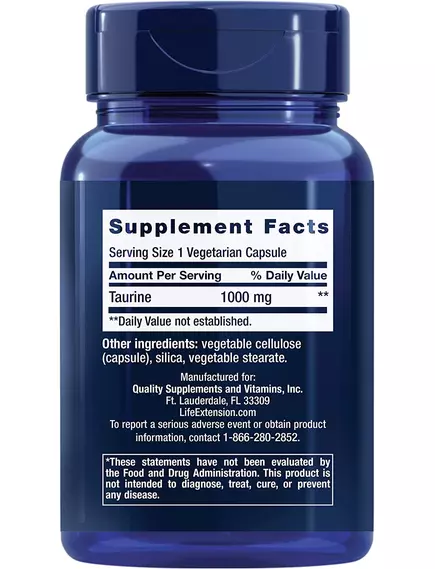 Life Extension Taurine / Таурин 1000 мг 90 капсул, фото 2 від магазину біодобавок nutrido.shop